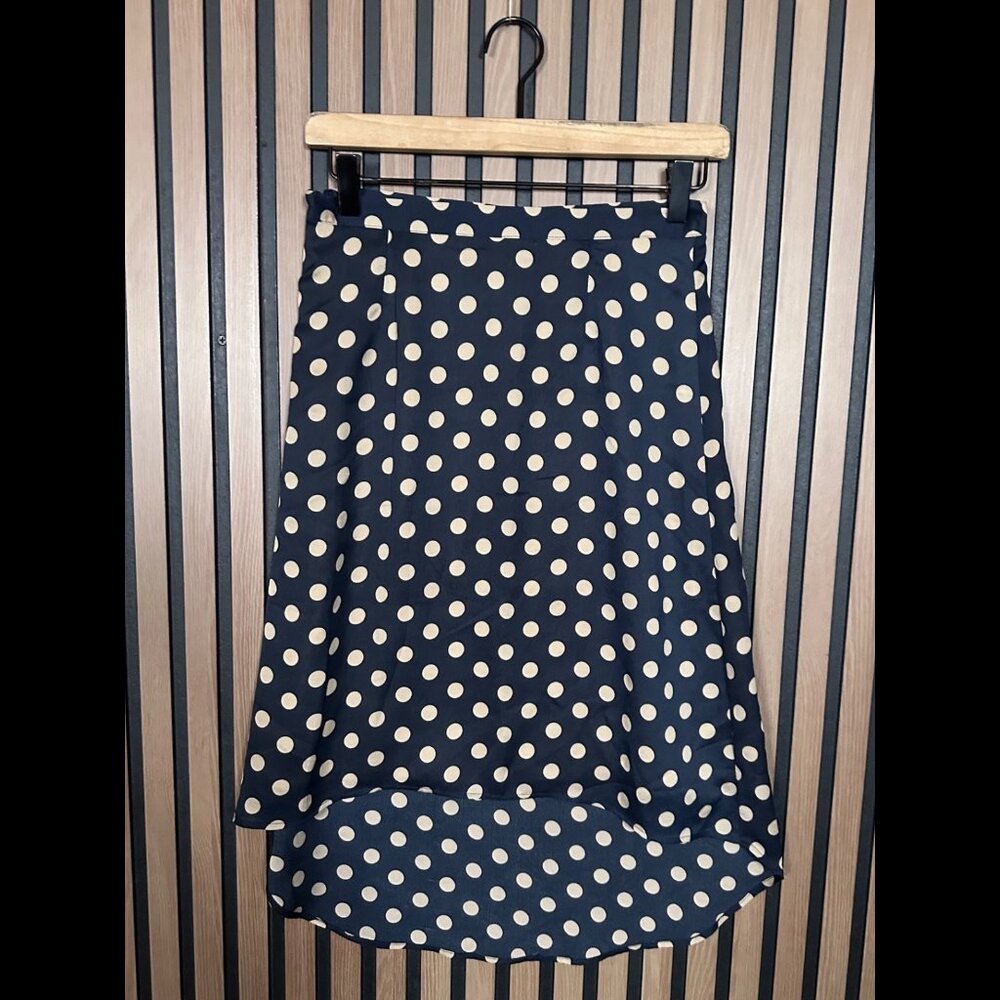 Pim + Larkin Skirt Small Womens Blue Navy White Polka Dot High Low Midi